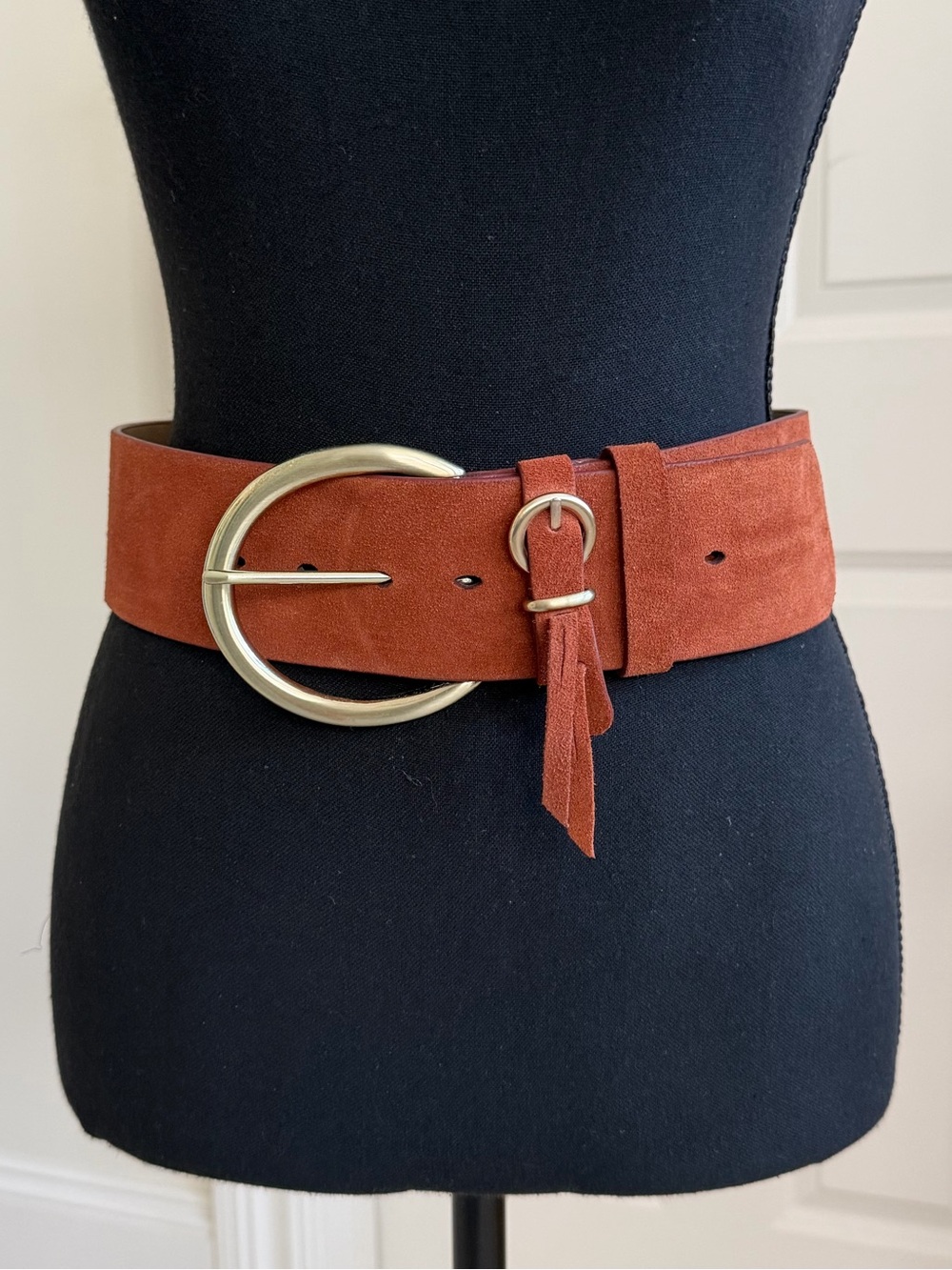 Etcetera Wide Suede Belt with Gold Circular Buckle, Rust Brown, size XS